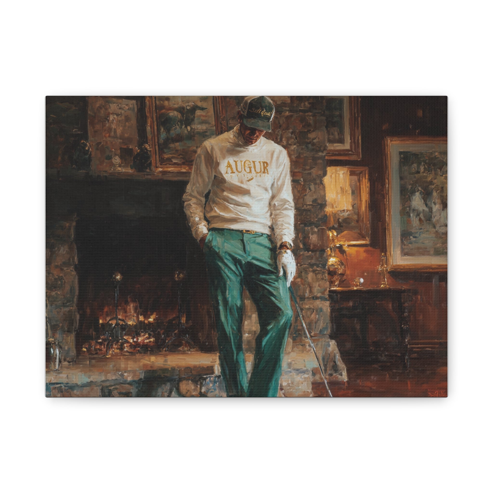 Golf Lounge Canvas Print — Vintage Clubhouse Art with 'AUGUR' Sweatshirt