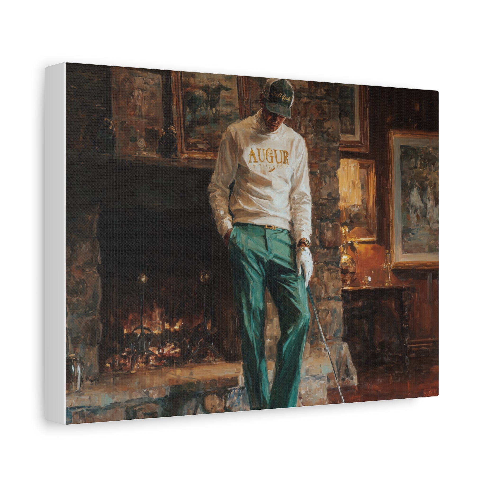 Golf Lounge Canvas Print — Vintage Clubhouse Art with 'AUGUR' Sweatshirt