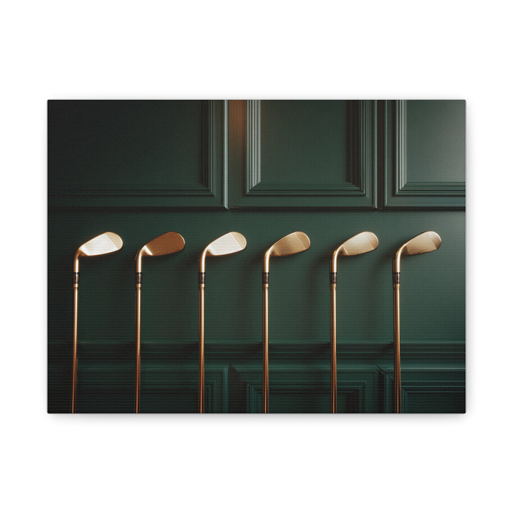 Golf Club Art Canvas Print — Vintage Brass Irons on Dark Green Wall