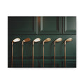 Golf Club Art Canvas Print — Vintage Brass Irons on Dark Green Wall