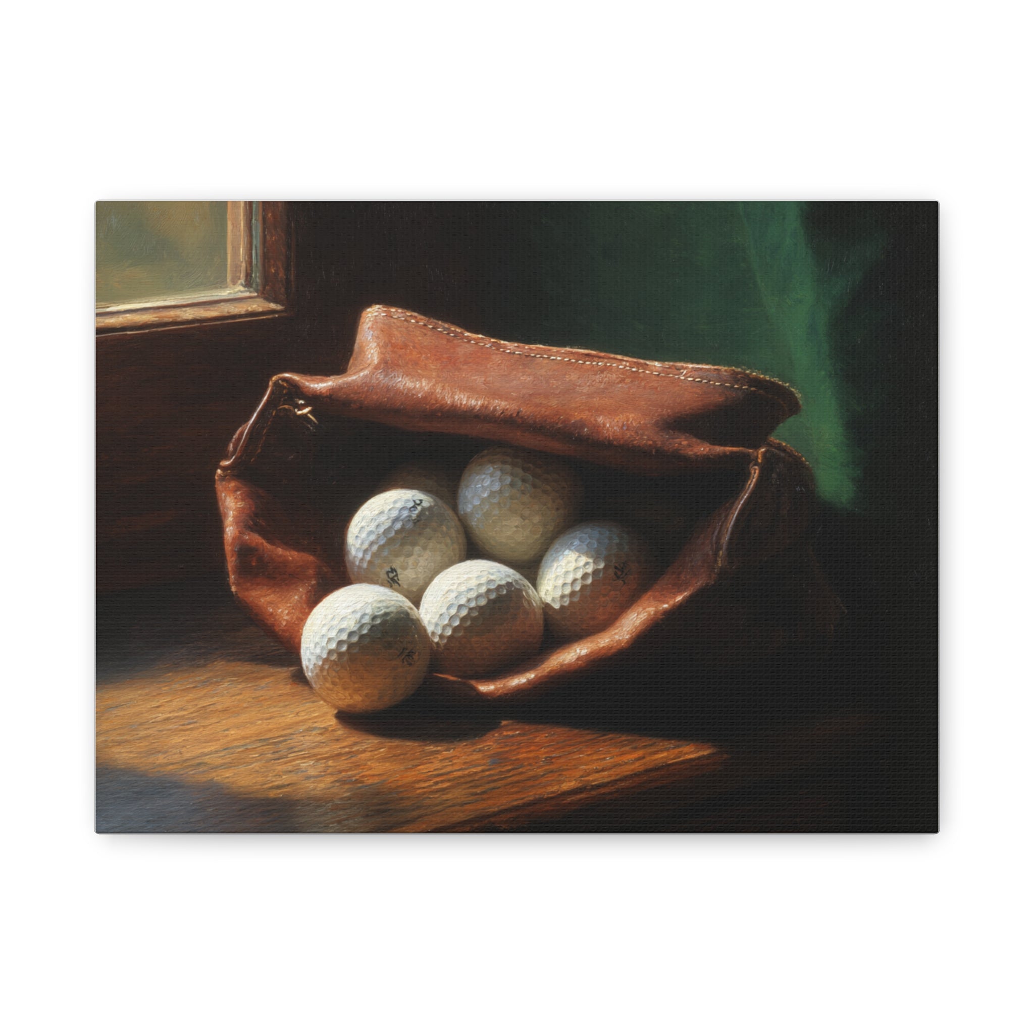 Golf Still Life Canvas Print — Vintage Golf Balls in Leather Pouch, Stretched Matte Wall Art