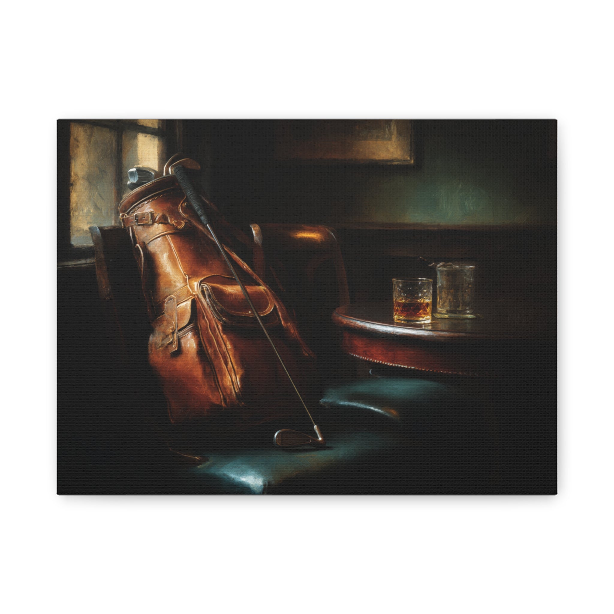 Canvas Art - Vintage Golf Bag & Whiskey Still Life Matte Stretched Canvas