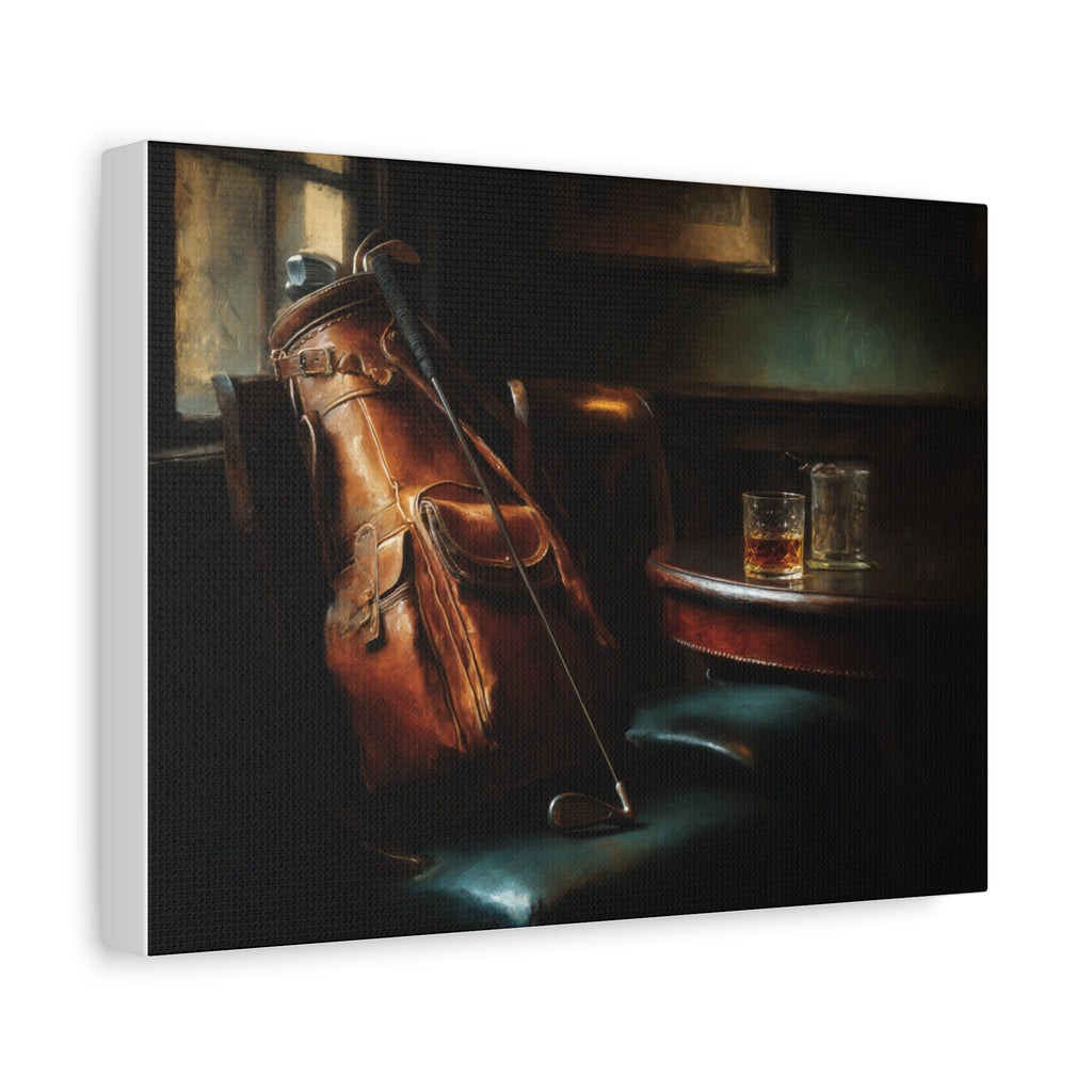 Canvas Art - Vintage Golf Bag & Whiskey Still Life Matte Stretched Canvas