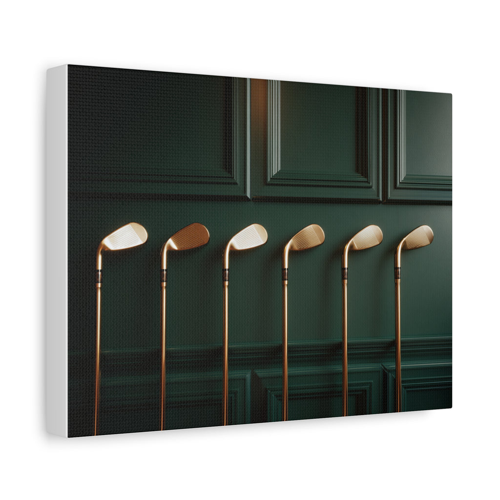 Golf Club Art Canvas Print — Vintage Brass Irons on Dark Green Wall