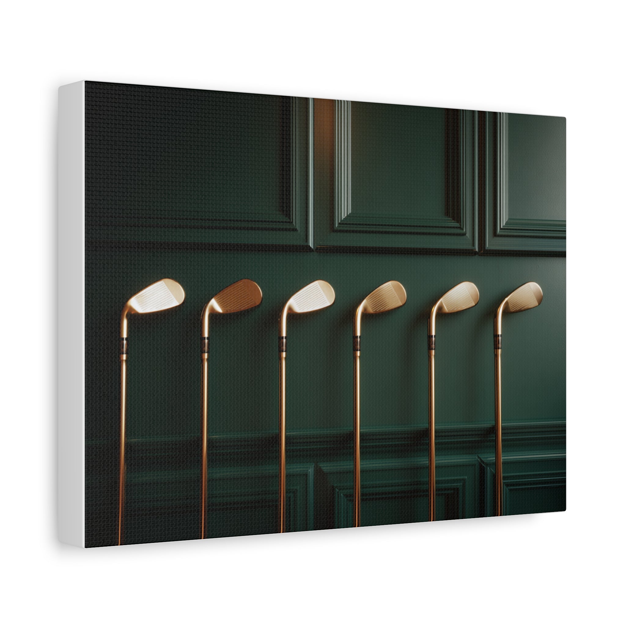 Golf Club Art Canvas Print — Vintage Brass Irons on Dark Green Wall